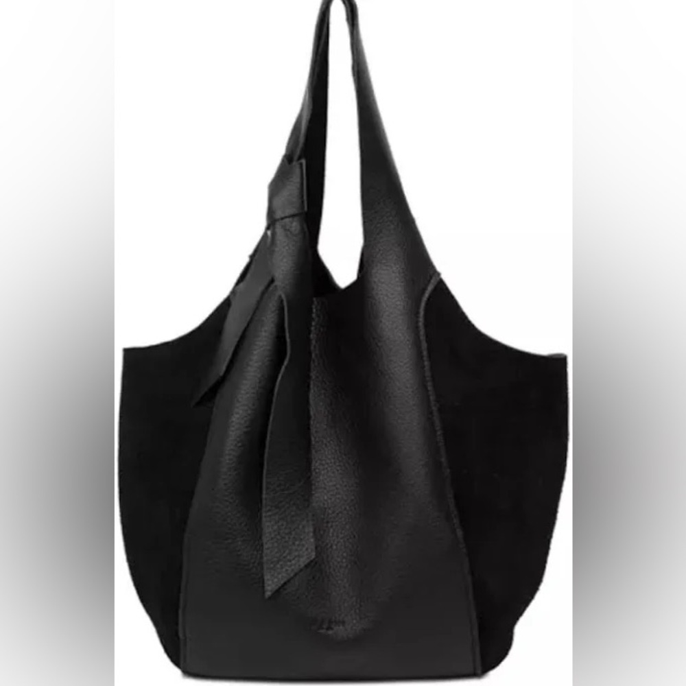 Black Leather Shoulder Bag with Side Tie